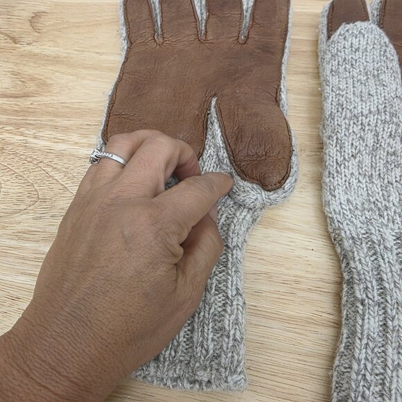 Eddie Bauer Men's 100% Wool Leather Gloves Cream & Grey Sz Medium Thinsulate - Picture 3 of 4